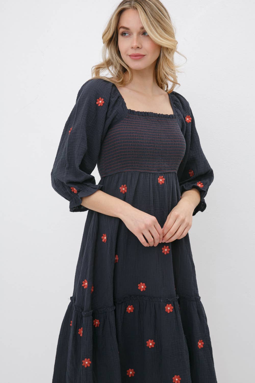 Rayon Smocked Bodice Embroidered Floral Maxi Dress