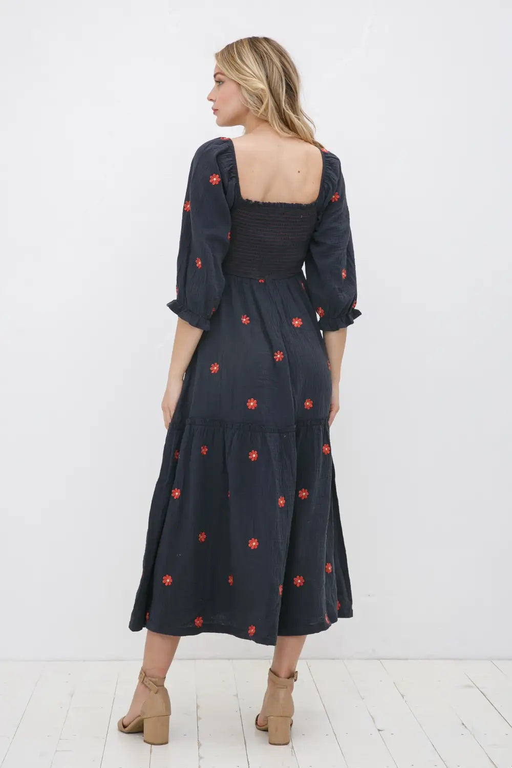 Rayon Smocked Bodice Embroidered Floral Maxi Dress
