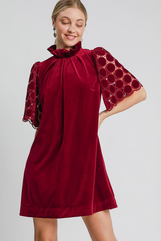 Umgee Dotted Lace Half Sleeve Mock Neck Back Tie Velvet Dress