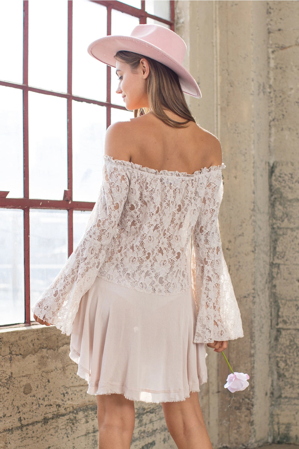 Off the Shoulder Lace Bell SLV Mix Flare Tunic Top