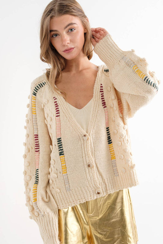 Pom Pom Multi Color Line Vintage Button Up Cardigan