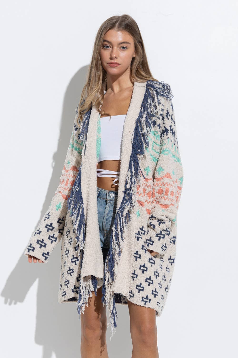 Soft Cozy Frayed Geo Aztec Open Cardigan