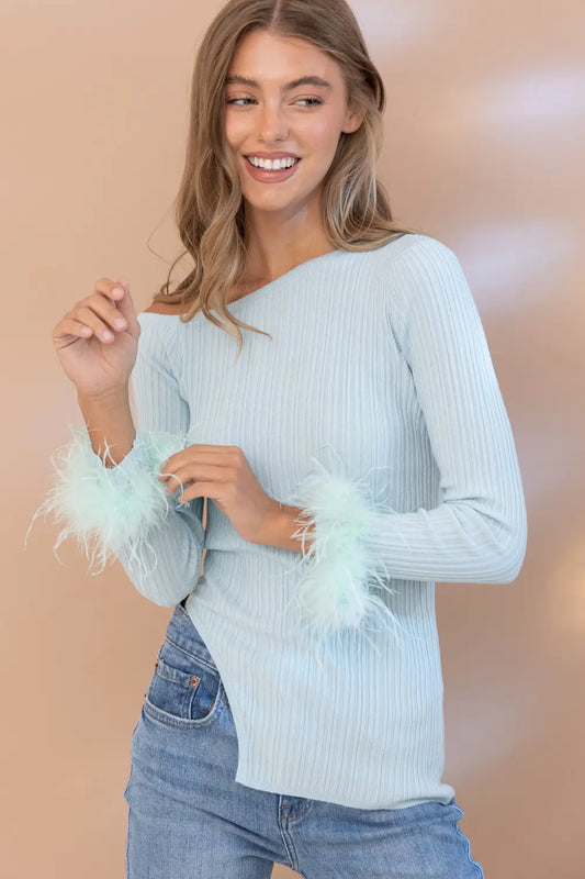 Ribbed Feather Cuff Off Shoulder Sweater Top