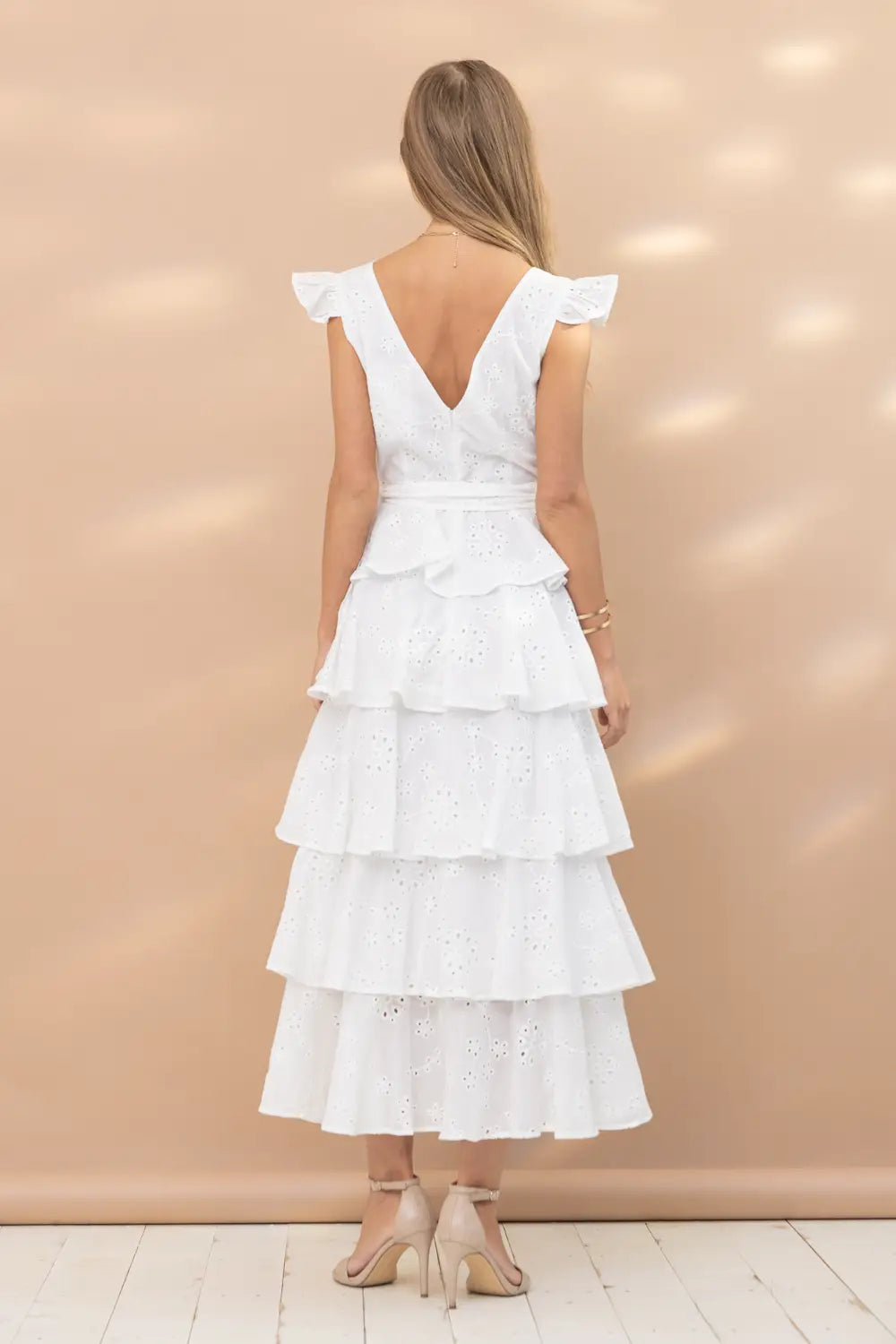 Eyelet Woven Ruffle SLV Tiered Belted Maxi Dress